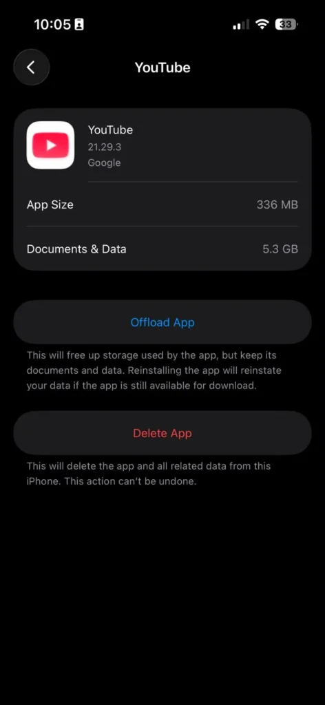 Offload App option in iPhone Storage settings keeps app data while freeing storage