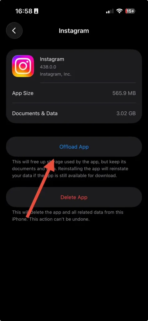 Instagram app settings showing the Offload App option on iPhone