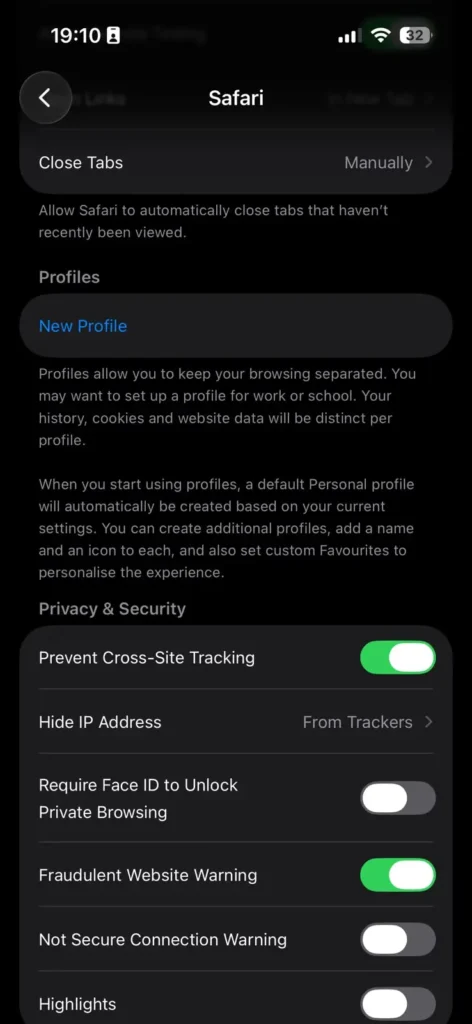 Safari settings page displaying the Profiles section and privacy controls available on iPhone.