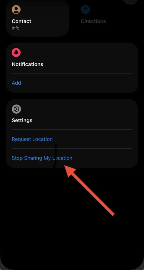 Stop Sharing My Location option in a Find My contact settings page on iPhone.