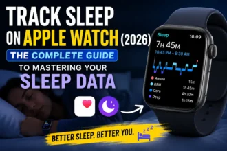 Apple Watch displaying sleep stages beside a person sleeping, illustrating how to track sleep and understand sleep data in 2026.