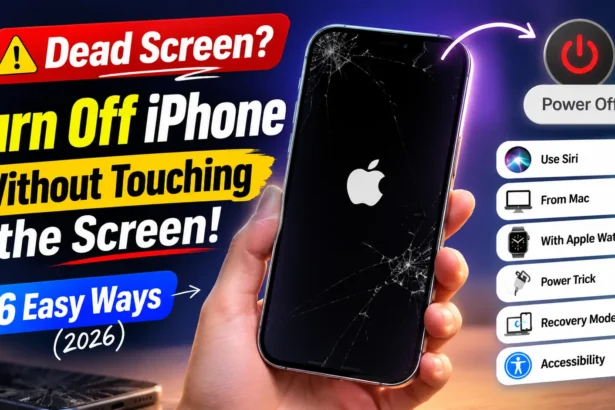 Hand holding an iPhone with a dead black screen showing how to turn off an iPhone without touching the screen in 2026.