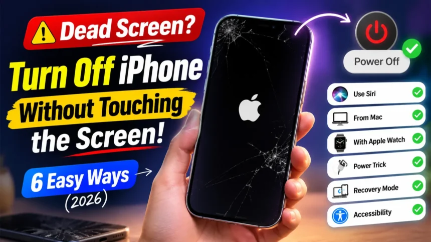 Hand holding an iPhone with a dead black screen showing how to turn off an iPhone without touching the screen in 2026.
