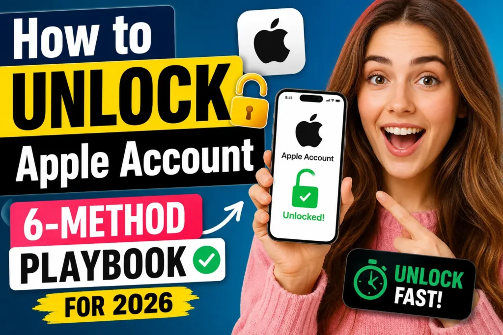 Unlock Apple Account guide showing six proven methods to regain access to a locked Apple Account on iPhone in 2026.
