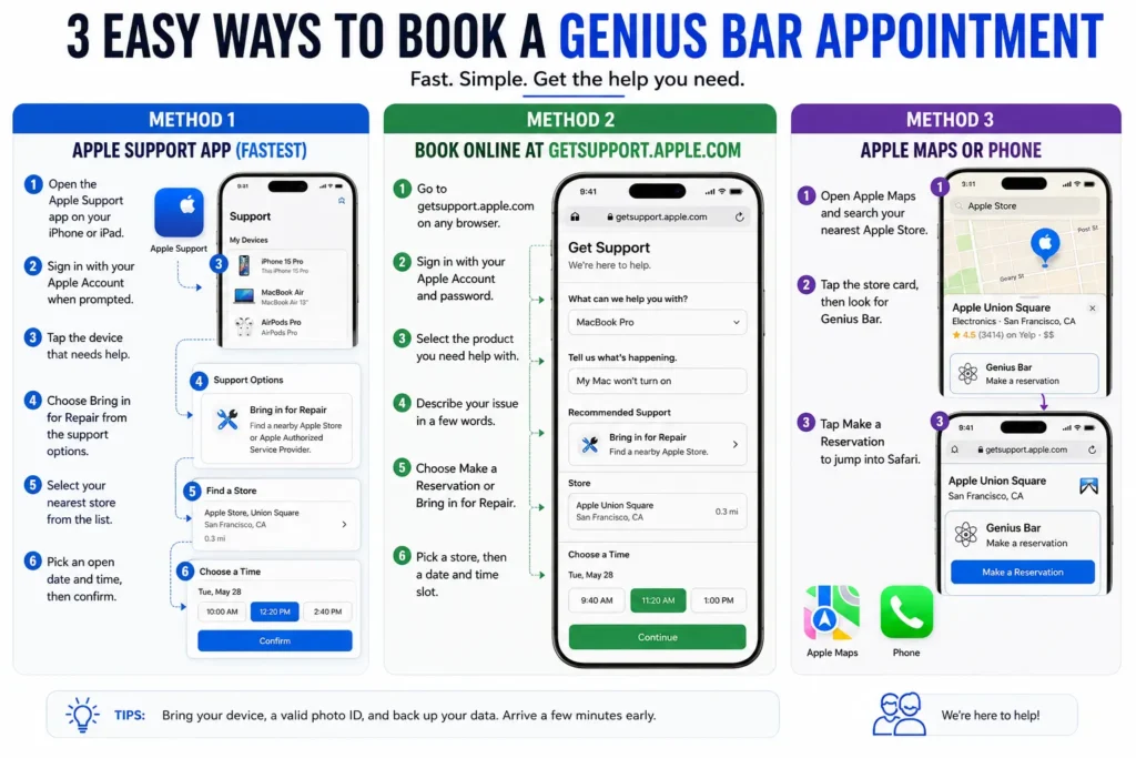 Three ways to book an Apple Genius Bar appointment using the Apple Support app, online support, or Apple Maps