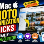 MacBook showing the Photos app with organized images and photo organization tools