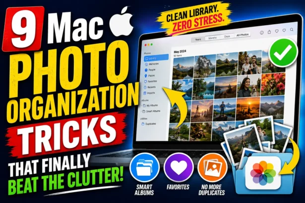 MacBook showing the Photos app with organized images and photo organization tools