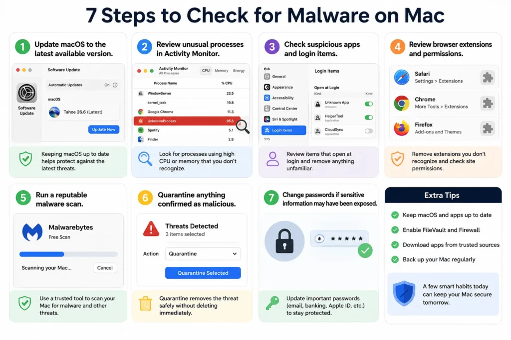 7 steps to check for malware on Mac using Activity Monitor, login items, browser extensions, and malware scanning