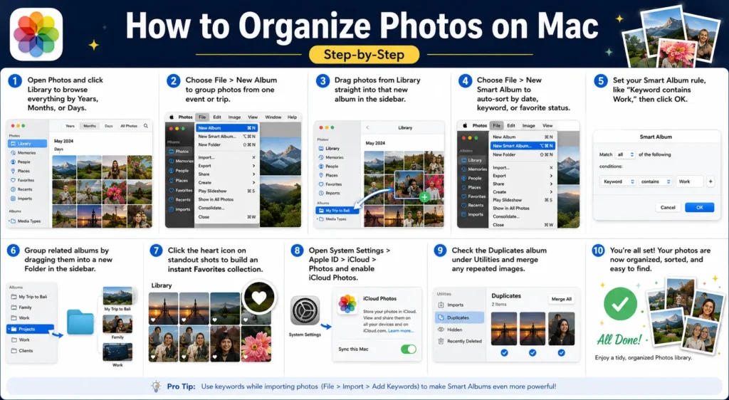 Step-by-step guide showing how to organize photos on Mac using albums, Smart Albums, folders, Favorites, iCloud Photos, and duplicate cleanup