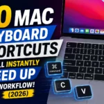 MacBook displaying macOS with highlighted Command, C, and V keys promoting 60 Mac keyboard shortcuts to boost productivity in 2026.