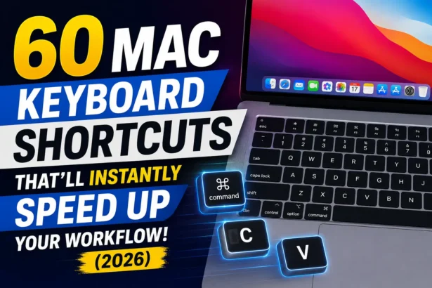 MacBook displaying macOS with highlighted Command, C, and V keys promoting 60 Mac keyboard shortcuts to boost productivity in 2026.