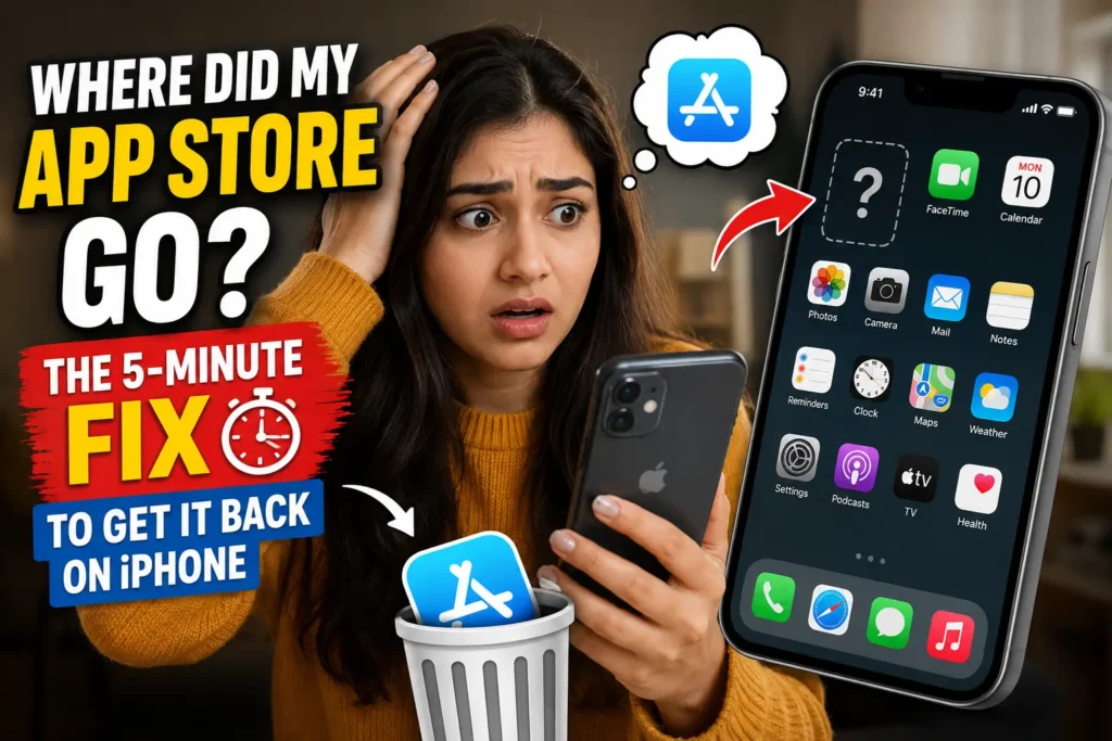 Woman looking at an iPhone with the App Store missing