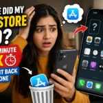 Woman looking at an iPhone with the App Store missing