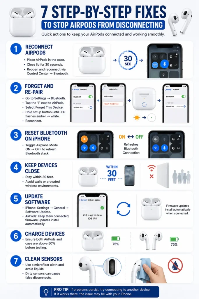 7 step-by-step fixes to stop AirPods from disconnecting from an iPhone, including reconnecting, re-pairing, resetting Bluetooth, updating software, charging, and cleaning sensors.