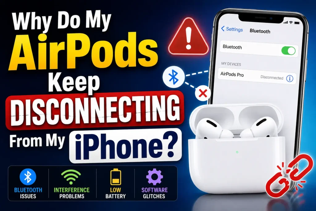 AirPods disconnecting from an iPhone with Bluetooth connection and troubleshooting warning symbols.