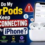 AirPods disconnecting from an iPhone with Bluetooth connection and troubleshooting warning symbols.
