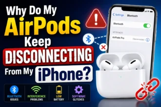 AirPods disconnecting from an iPhone with Bluetooth connection and troubleshooting warning symbols.