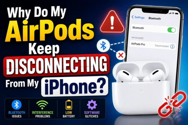 AirPods disconnecting from an iPhone with Bluetooth connection and troubleshooting warning symbols.