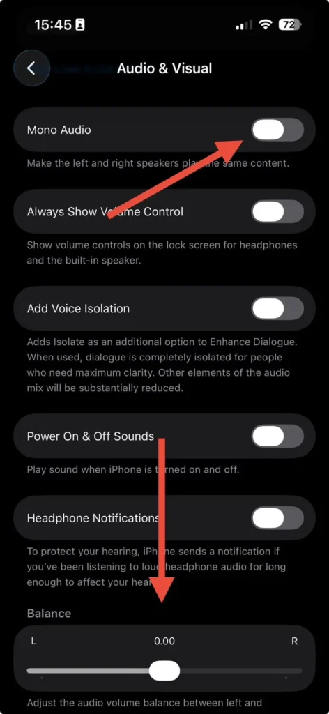 iPhone Audio and Visual settings showing the AirPods audio balance slider centered