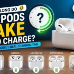 Charging AirPods case on a wireless charger showing the battery charging time comparison for different AirPods models.