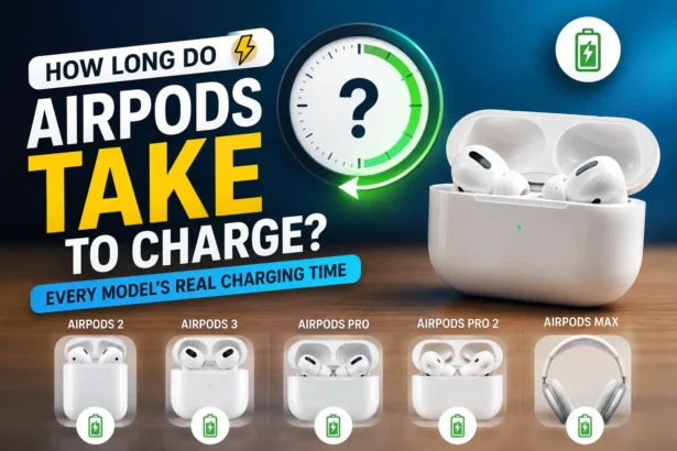 Charging AirPods case on a wireless charger showing the battery charging time comparison for different AirPods models.