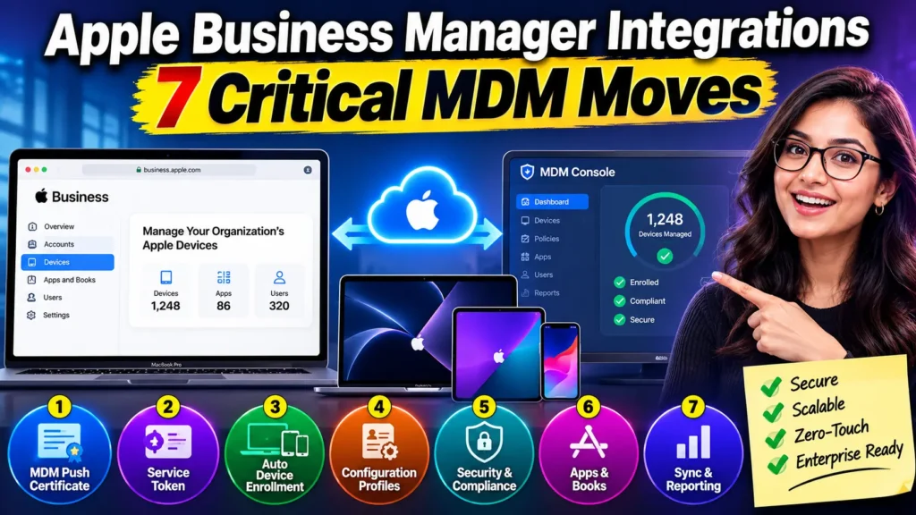 Apple Business Manager integrations showing seven critical MDM moves for device enrollment, security, configuration, apps, and reporting