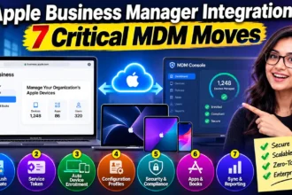 Apple Business Manager integrations showing seven critical MDM moves for device enrollment, security, configuration, apps, and reporting