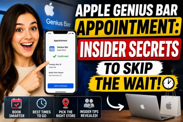 Woman showing an Apple Genius Bar appointment on an iPhone with tips to skip the waitq