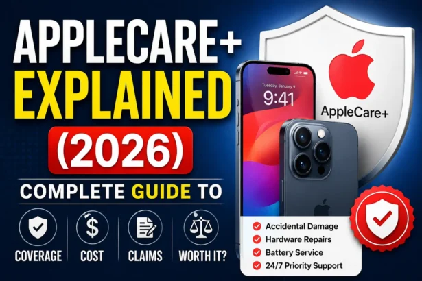 AppleCare+ Explained 2026 thumbnail showing AppleCare coverage, repair costs, claims process, battery service, and iPhone protection guide.