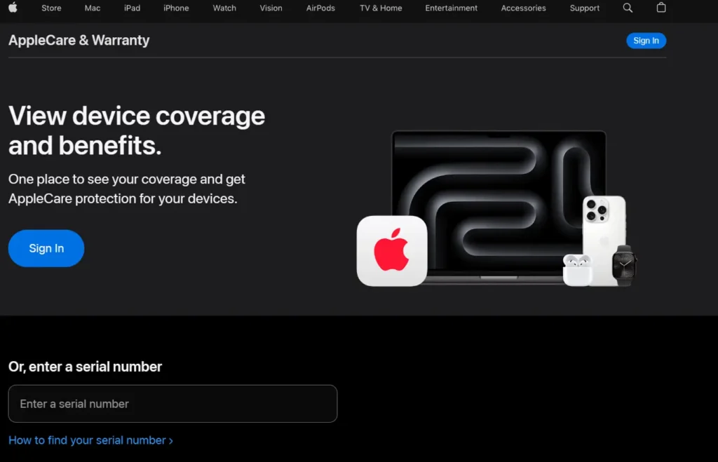 AppleCare & Warranty coverage page showing Apple device protection status, sign-in option, and serial number lookup for checking warranty coverage.
