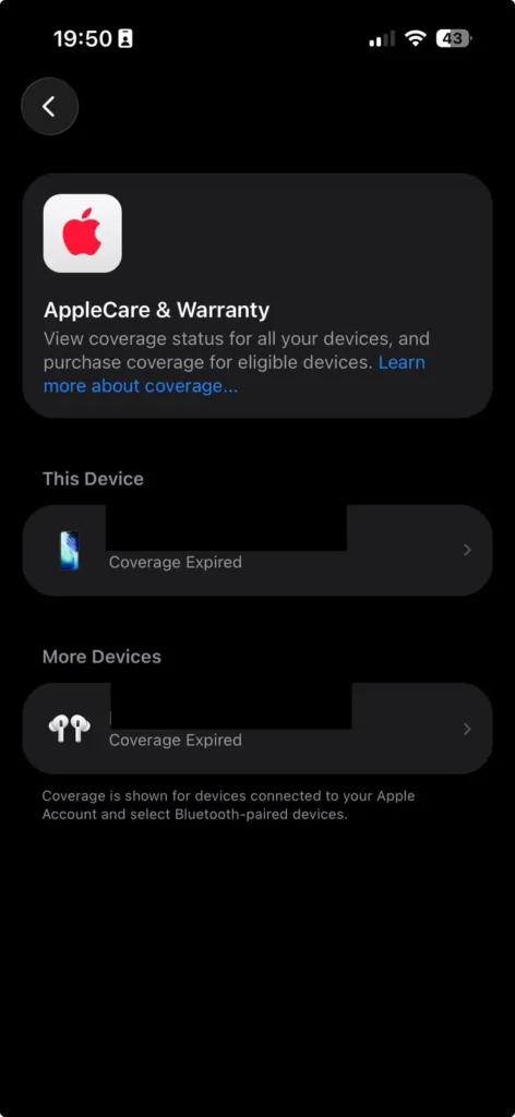 AppleCare & Warranty screen in iPhone Settings displaying coverage status for iPhone and AirPods connected to an Apple ID.