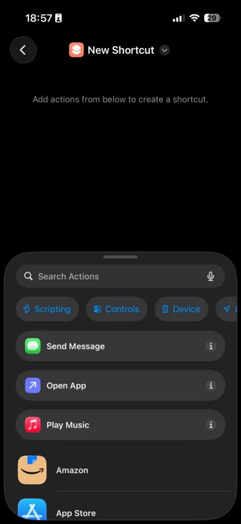 Creating a new Siri Shortcut on iPhone by choosing actions like Send Message, Open App, and Play Music.