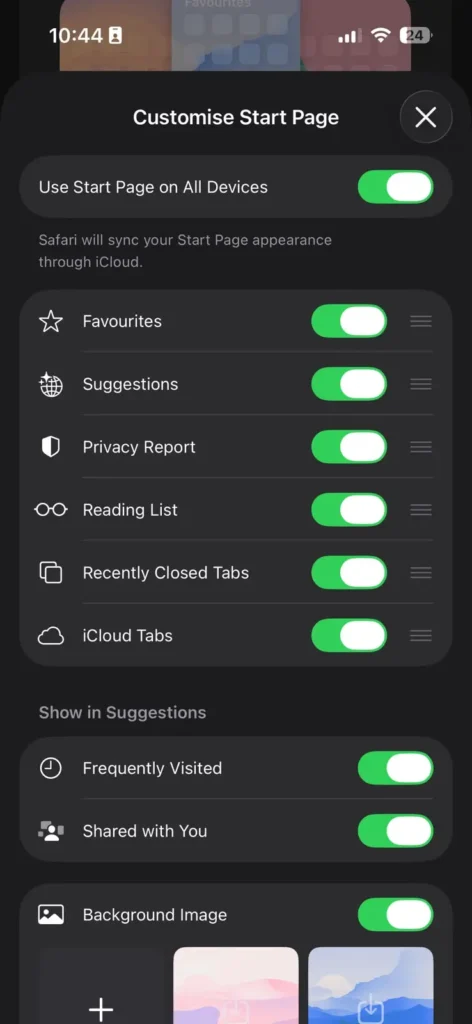Safari Start Page customization settings on iPhone showing Favorites, Suggestions, Privacy Report, Reading List, and iCloud Tabs options.
