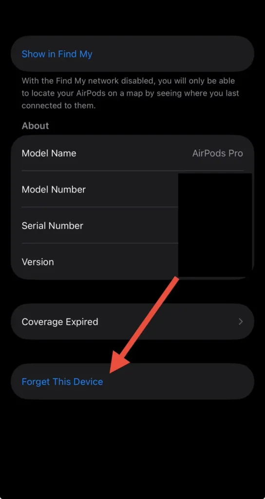iPhone Bluetooth settings showing the Forget This Device option for AirPods
