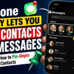 Messages app showing favorite conversations pinned at the top with a tutorial graphic explaining how to manage them