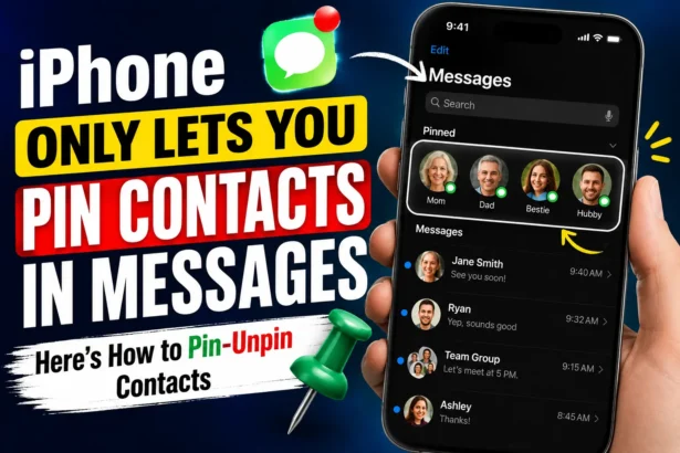 Messages app showing favorite conversations pinned at the top with a tutorial graphic explaining how to manage them