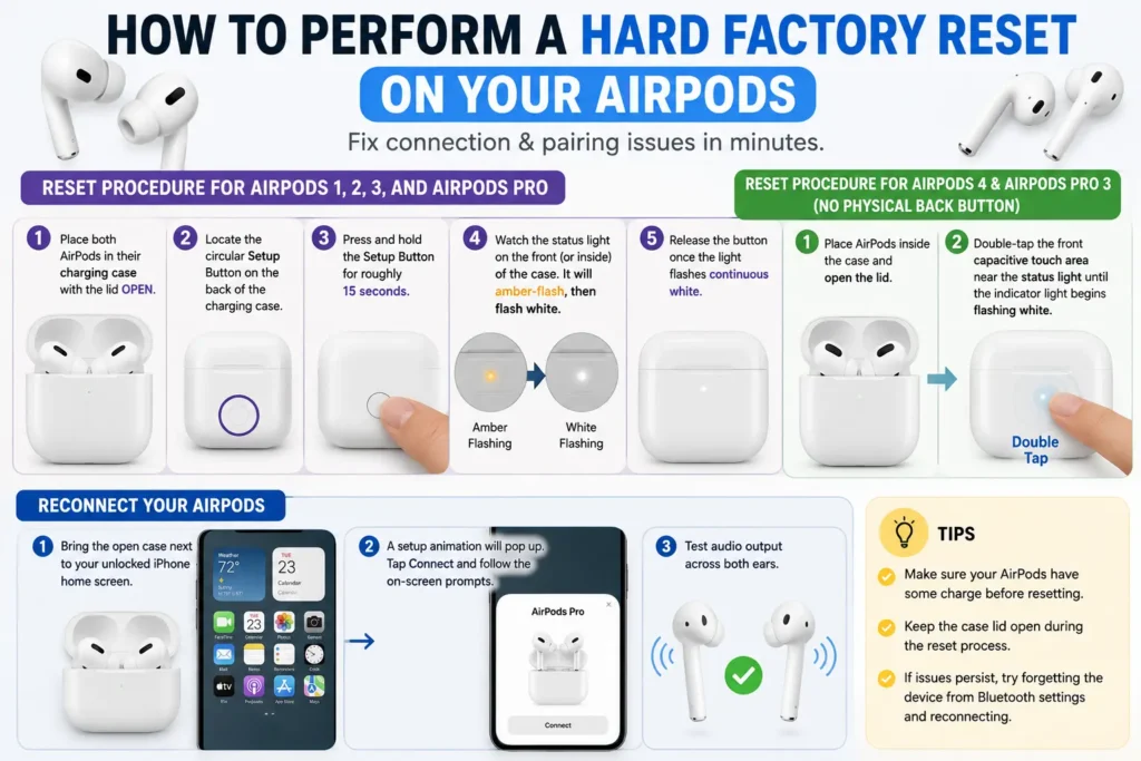 Steps to perform a factory reset and reconnect AirPods to an iPhone