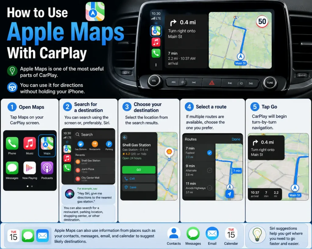 Apple Maps navigation displayed on a car screen using CarPlay