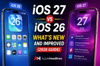 iOS 27 vs iOS 26 comparison thumbnail showing new AI features, redesigned interface, faster performance, and Apple Intelligence improvements in 2026.