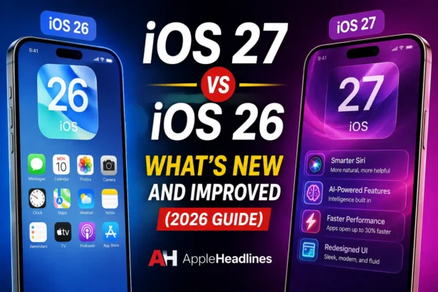 iOS 27 vs iOS 26 comparison thumbnail showing new AI features, redesigned interface, faster performance, and Apple Intelligence improvements in 2026.