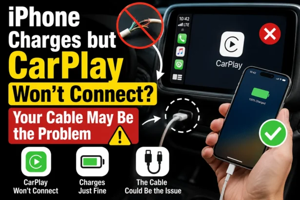 Infographic showing the correct USB-C and Lightning cables for iPhone CarPlay