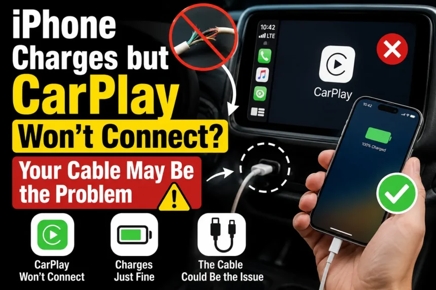 Infographic showing the correct USB-C and Lightning cables for iPhone CarPlay