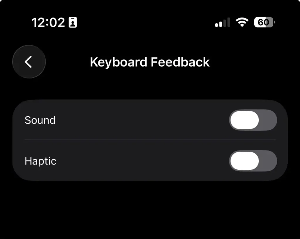 iPhone Keyboard Feedback settings for Sound and Haptic