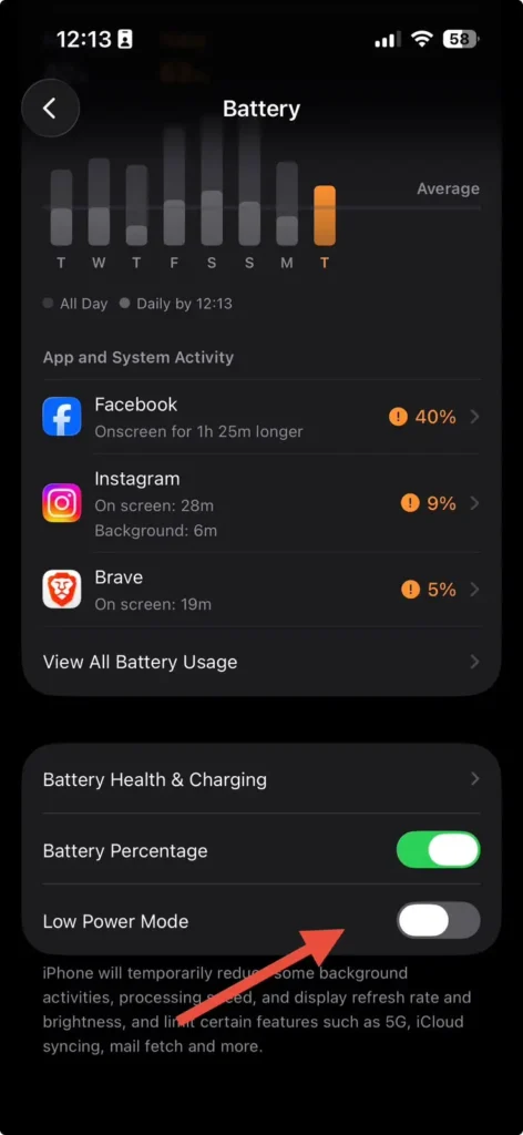 iPhone Battery settings showing Low Power Mode