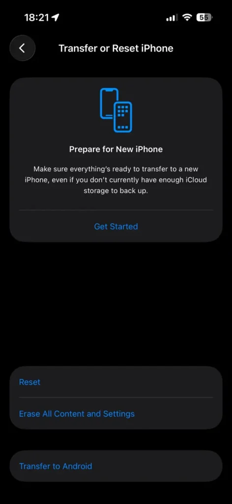 Transfer or Reset iPhone settings screen