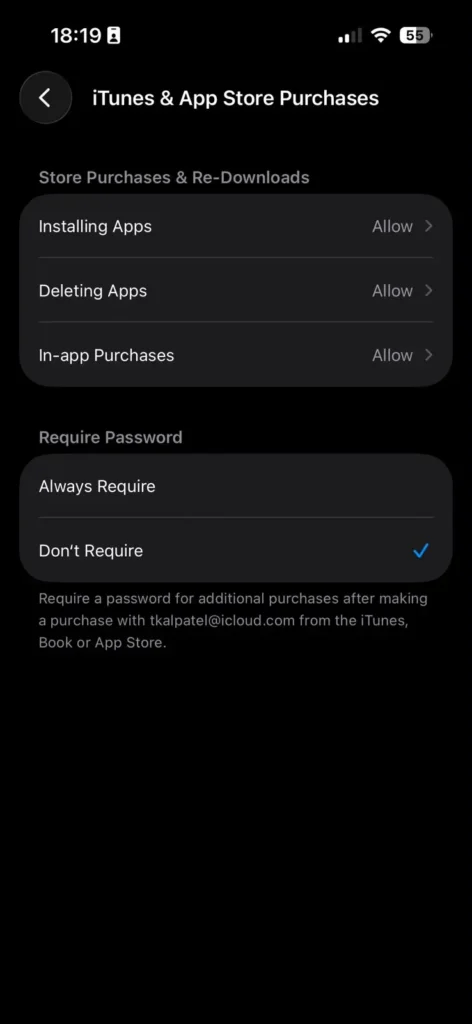 iTunes and App Store Purchases settings showing Installing Apps allowed