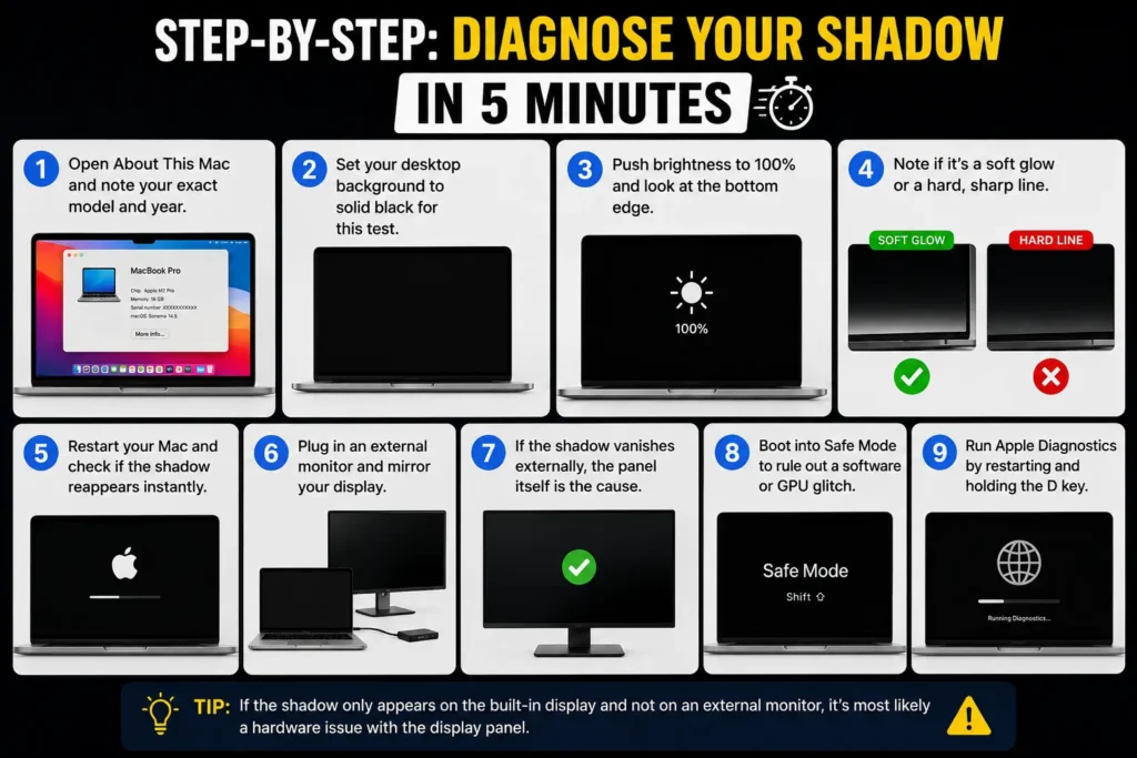 MacBook Pro shadow at bottom of screen diagnostic steps showing display tests, external monitor, Safe Mode, and Apple Diagnostics