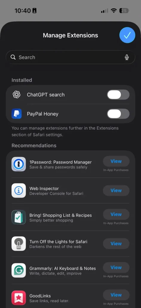 Safari Extensions settings on iPhone showing installed browser extensions and recommended extension apps.