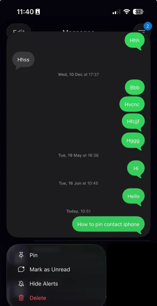 Long-press menu in the Messages app highlighting the Pin option for a conversation