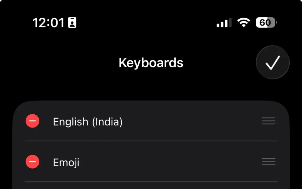 iPhone keyboard settings showing installed keyboards
